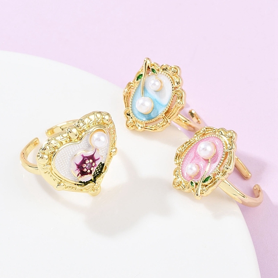 Латунные эмалевые цветочные манжеты, с абс пластмассовой имитационной жемчужиной, реальный 18 k позолоченный, стойки покрытие, долговечный, без кадмия и без свинца