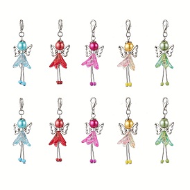 10pcs 5 couleurs trompette fleur ange acrylique et perles de verre pendentif décorations, fermoirs à pinces de homard, breloques pour ornements de sacs