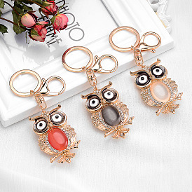 Owl Keychain with Cat Eye Gemstone Pendant - Metal Car Hanging Ornament Gift