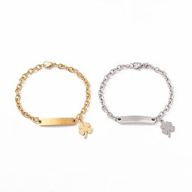 201 Stainless Steel Rectangle & Clover Charm Bracelet with Cable Chain for Women