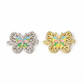 Brass Micro Pave Cubic Zirconia Connector Charms, Enamel Style, Butterfly