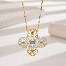 Vintage Ethnic Style Brass Micro Pave Clear Cubic Zirconia Cross Pendant Necklaces for Women