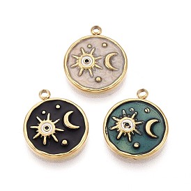304 подвески из нержавеющей стали и эмали, круглая плоская подвеска с луной и солнцем, ионное покрытие (ip), реальный 18 k позолоченный