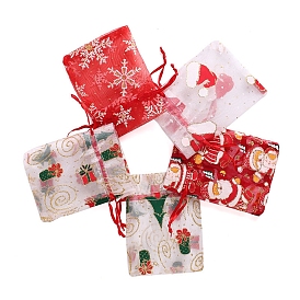 Christmas Theme Organza Printed Drawstring Bags, Rectangle Candy Storage Supplies