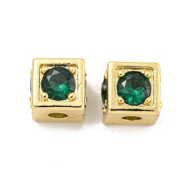 Brass Micro Pave Green Cubic Zirconia Beads, Cube