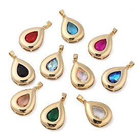 Rack Plating Brass Pendants, Teardrop Shaped Glass Charms, Long-Lasting Plated, Cadmium Free & Lead Free, Real 18K Gold Plated