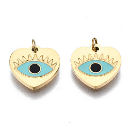 316 Surgical Stainless Steel Enamel Charms, with Jump Rings, Real 14K Gold Plated, Heart with Evil Eye