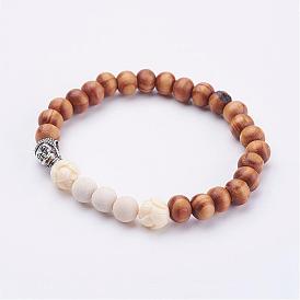 Natural Weathered Agate Beads & Woods Beads Stretch Bracelets, with Alloy Buddha Beads and Resin Lotus Beads