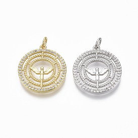 Brass Micro Pave Clear Cubic Zirconia Pendants, Flat Round with Jump Ring, Nickel Free