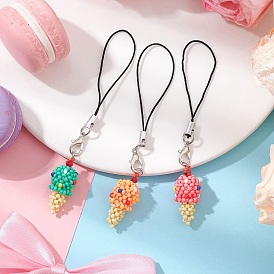 3Pcs 3 Colors Glass Beaded Ice Cream Pendant Decorations, with Nylon Cord and Alloy Lobster Claw Clasps