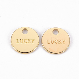 Rack Plating Alloy Charms, Cadmium Free & Lead Free, Flat Round with Word Luck