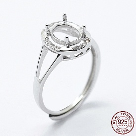 925 Sterling Silver Finger Ring Components, with Cubic Zirconia, Adjustable, Oval