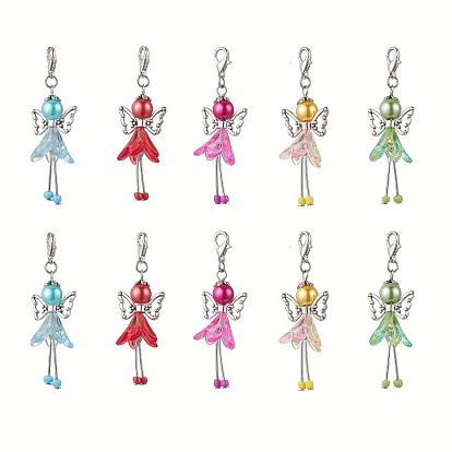10pcs 5 couleurs trompette fleur ange acrylique et perles de verre pendentif décorations, fermoirs à pinces de homard, breloques pour ornements de sacs