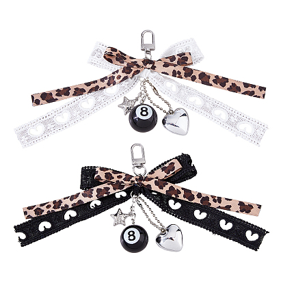 2 pièces 2 couleurs alliage et tissu décorations pendentif nœud papillon, avec un charme en forme de cœur et de boule 8, pour accessoires de sac