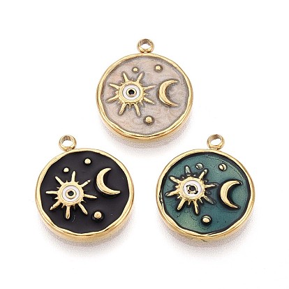 304 подвески из нержавеющей стали и эмали, круглая плоская подвеска с луной и солнцем, ионное покрытие (ip), реальный 18 k позолоченный