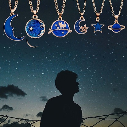 6Pcs Blue Moon Pendant Necklace, Adjustable Alloy Enamel Blue Star Planet Cat Dangle Charms Necklace Gifts for Women Lovers Christmas Birthday