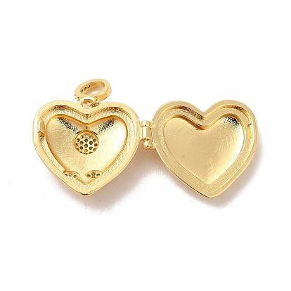 Eco-Friendly Rack Plating Brass Micro Pave Clear Cubic Zirconia Locket Pendants, Long-Lasting Plated, Lead Free & Cadmium Free, Heart with Sunflower