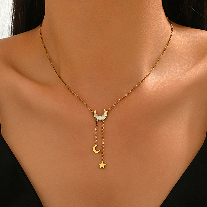 Женские кулоны в виде луны и звезды из нержавеющей стали и натуральной белой ракушки с Y-образной кисточкой, белые