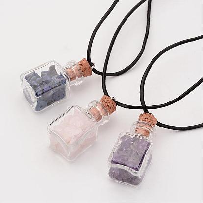 Glass Wishing Bottle Leather Cord Pendant Necklaces, with Natural Gemstone Chip Beads, Cuboid