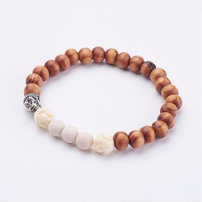 Natural Weathered Agate Beads & Woods Beads Stretch Bracelets, with Alloy Buddha Beads and Resin Lotus Beads