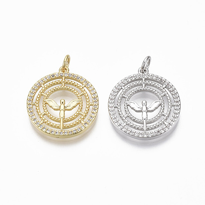 Brass Micro Pave Clear Cubic Zirconia Pendants, Flat Round with Jump Ring, Nickel Free