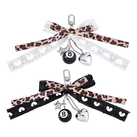 2 pièces 2 couleurs alliage et tissu décorations pendentif nœud papillon, avec un charme en forme de cœur et de boule 8, pour accessoires de sac