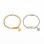 201 Stainless Steel Rectangle & Clover Charm Bracelet with Cable Chain for Women