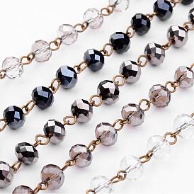 Chaînes de perles de verre rondelles faites main pour colliers fabrication de bracelets, avec épingle à oeil en fer, non soudée, bronze antique