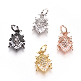Brass Micro Pave Cubic Zirconia Pendants, Long-Lasting Plated, with Shell Pearl and Jump Ring, Insect