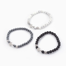 Gemstone Stretch Bracelets, with Brass Micro Pave Cubic Zirconia Beads, Clear