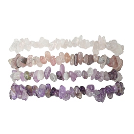 4Pcs 4 Styles Natural Rose Quartz & Lepidolite & Amethyst Chip Beaded Stretch Bracelet Sets, Stackable Bracelets for Women