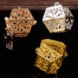 Alloy Bead Cage Pendants, Hexagon Hollow Cage Charms