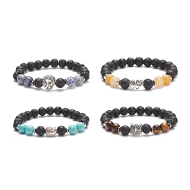 4Pcs 4 Style Natural & Synthetic Mixed Gemstone Stretch Bracelet Sets, Lion & Owl & Elephant & Buddha Alloy Beaded Bracelets for Women