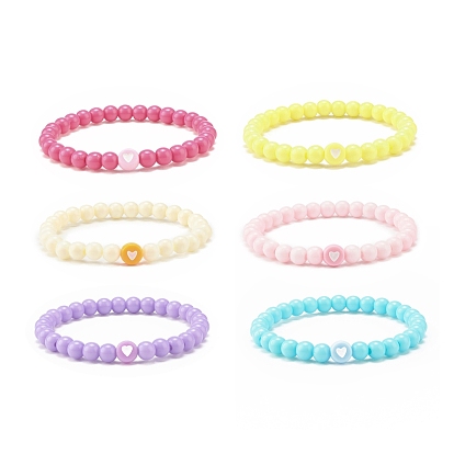 6Pcs 6 Color Flat Round with Heart Acrylic Beaded Stretch Bracelets Set for Kids