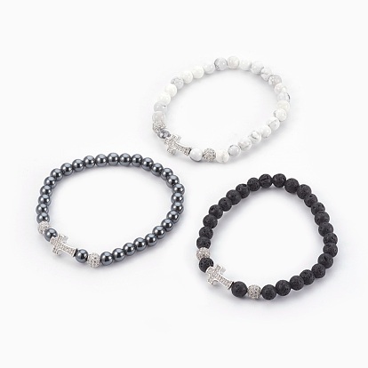 Gemstone Stretch Bracelets, with Brass Micro Pave Cubic Zirconia Beads, Clear