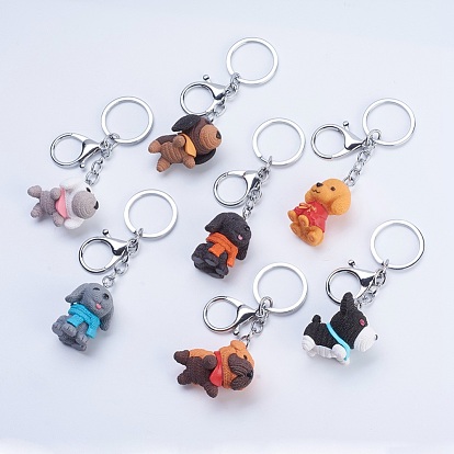 Iron Puppy Keychain, with Plastic, Dog with Scraf, Mixed Shapes, Platinum