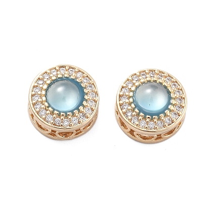 Латунные светло-голубые стеклянные плоские круглые многожильные звенья, с четким кубического циркония