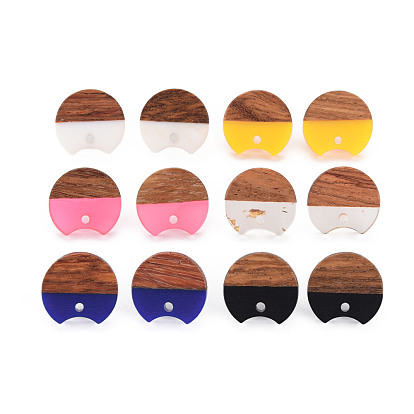 Two Tone Resin & Walnut Wood Stud Earring Findings, with 304 Stainless Steel Pin and Hole, Gappy Flat Round