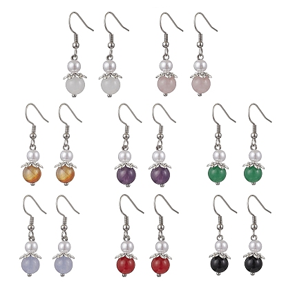 Круглые серьги-подвески из натурального аквамарина, с бусинами из АБС-пластика, имитирующими жемчуг, и колпачками для бусин в тибетском стиле, и 304 крючками для сережек из нержавеющей стали, старинное серебро и платина