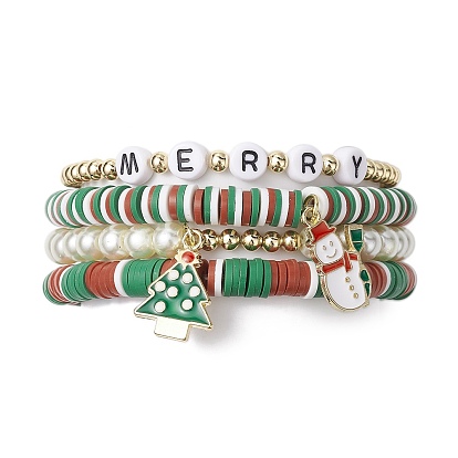 4Pcs 4 Style Polymer Clay Stretch Bracelets Set, Glass Stackable Christmas Bracelets for Women