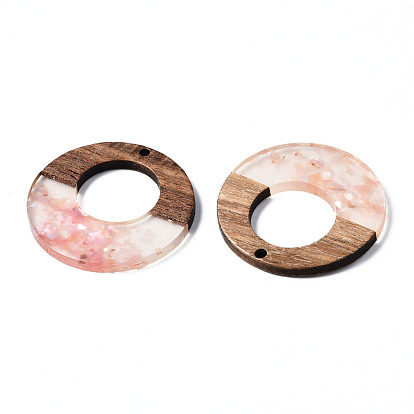 Transparent Resin & Walnut Wood Pendants, with Shell Chips, Two Tone, Donut