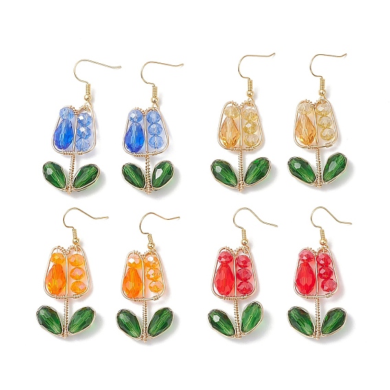 4 пары латунных сережек-цветков, со стеклом, золотые