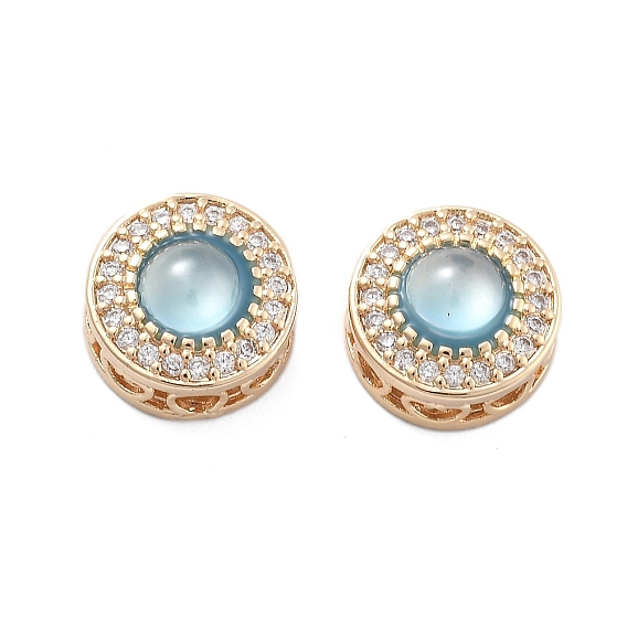 Латунные светло-голубые стеклянные плоские круглые многожильные звенья, с четким кубического циркония