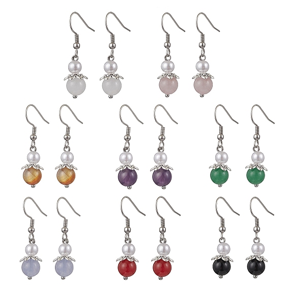 Круглые серьги-подвески из натурального аквамарина, с бусинами из АБС-пластика, имитирующими жемчуг, и колпачками для бусин в тибетском стиле, и 304 крючками для сережек из нержавеющей стали, старинное серебро и платина