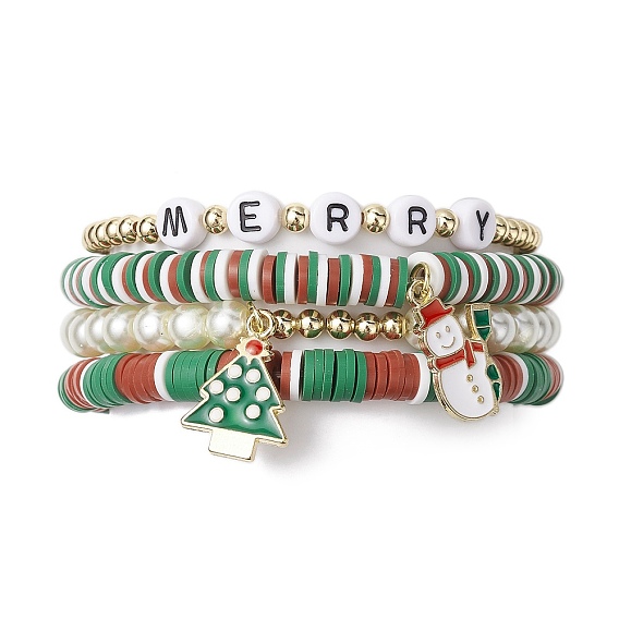 4Pcs 4 Style Polymer Clay Stretch Bracelets Set, Glass Stackable Christmas Bracelets for Women