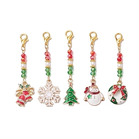 5Pcs 5 Styles Christmas Alloy Enamel Pandant Decorations, Glass Seed Beads & Lobster Claw Clasps Charms for Bag Ornaments
