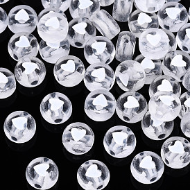 Perles acryliques transparentes transparentes, plat rond avec coeur blanc