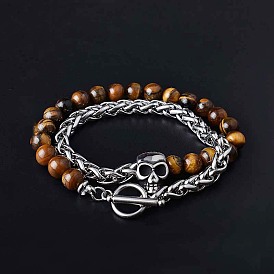Natural Mixed Stone & Stainless Steel Skull Beaded Bracelet with Wheat Chains