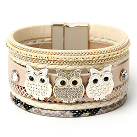 Fashion Owl Decorated Bohemian Women's Leather Bracelet with Magnetic Clasp - Diamond Inlaid
