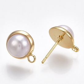 Brass Stud Earring Findings, with Loop & ABS Plastic Imitation Pearl, Half Round, Real 18K Gold Plated